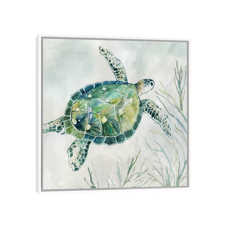 «Seaglass Turtle I» par Carol Robinson - reproduction, H 18 po x l 18 po x 1,5 po, Toile blanche encadrée, Pas de tapis