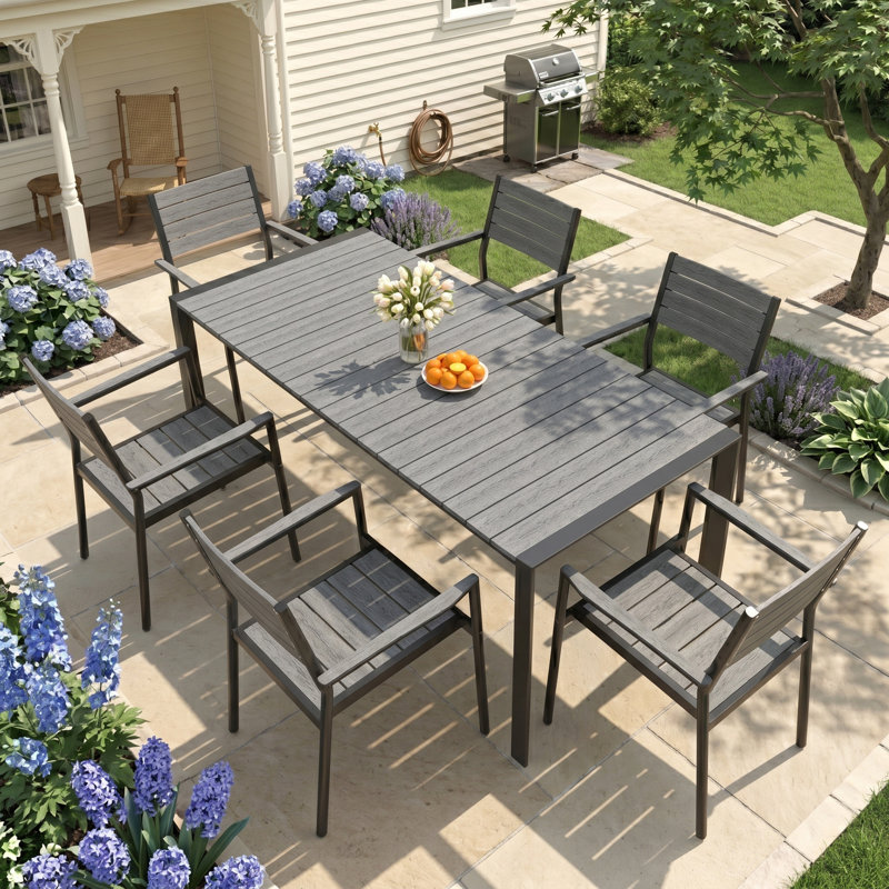 6 - Person Aluminum Patio Dining Set With Stackable Chairs And Umbrella Hole, Gray/Black