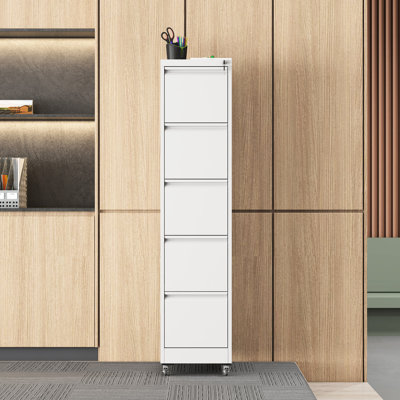 Classeur vertical à 5 tiroirs sur roulettes, rangement en métal pour papiers de format A4 / lettre / légal, blanc, P 17,71 po x l 15,16 po x H 63,04 po, dossiers à revêtement lisse verrouillables, facile à nettoyer