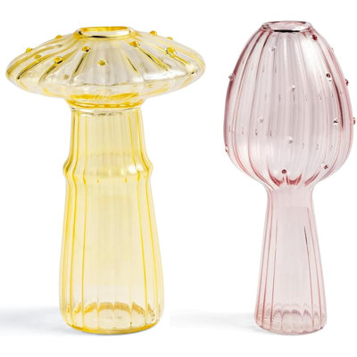 2 PCS Mushroom Breeding Vases, Colorful Glass Cute Hydroponic Unique Pink And Yellow Glass Vases, Suitable For Rooms Home Kitchens Offices Christmas Decorations,Yellow And Pink,4.68Inx2.16In+4.52Inx3.5In