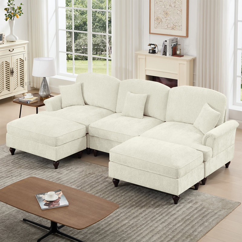 Canapé modulaire en U avec accoudoirs évasés et volants amovibles Classic, Chenille beige