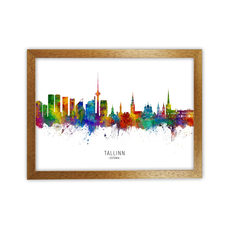 Tallinn Estonia Skyline by Michael Tompsett - Print, Brown Framed, 25cm H x 34cm W x 3cm D