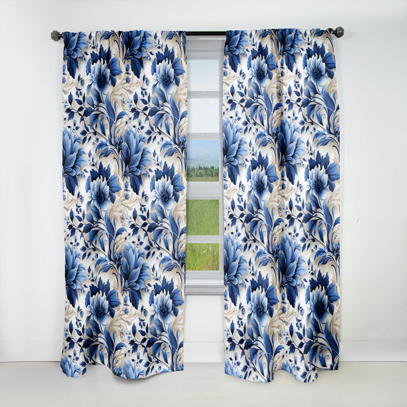 Panneaux de rideaux à motif floral victorien bleu cobalt et feuilles d'acanthe I, L 52 po x L 90 po