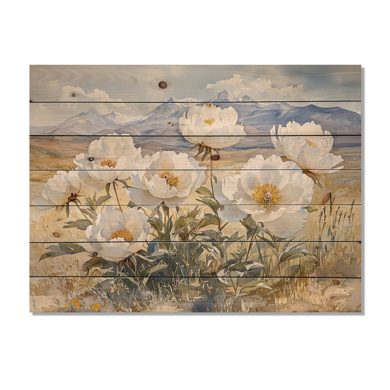 Pivoines dans le plateau balayé par le vent II - Art mural en bois pivoines - sur bois de pin naturel