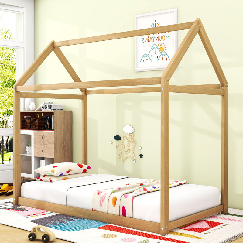 Twin Size Wooden House Bed with Roof, Bois
