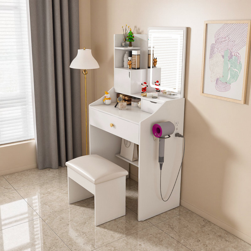 Meuble-lavabo à DEL à garniture rose - miroir à intensité variable 3 couleurs, 2 chargeurs AC + 2 ports USB, 7 compartiments de rangement (1 caché), tabouret avec casier secret, 24 po de largeur