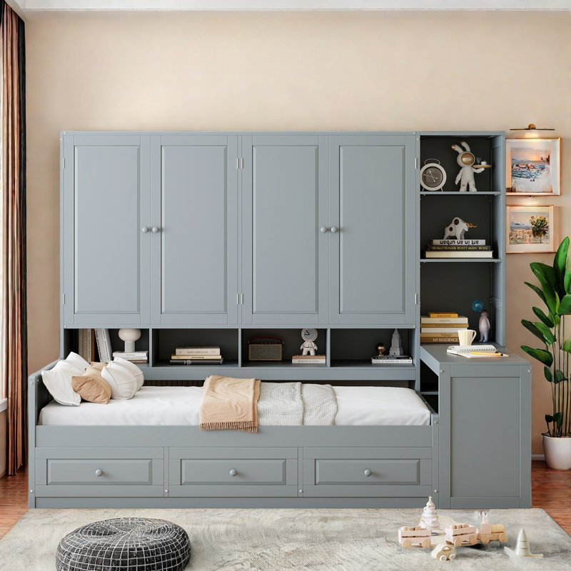 Wooden Daybed With Three Drawers, All-in-one Cabinet, Desk And Shelves, Gray, Twin