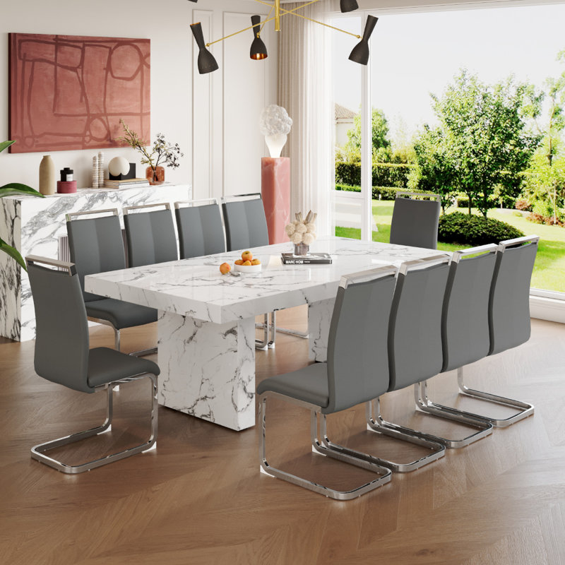 Ensemble de table de salle à manger à motif de marbre pour 10 personnes, Gris, 11 pièces: table, 10 chaises