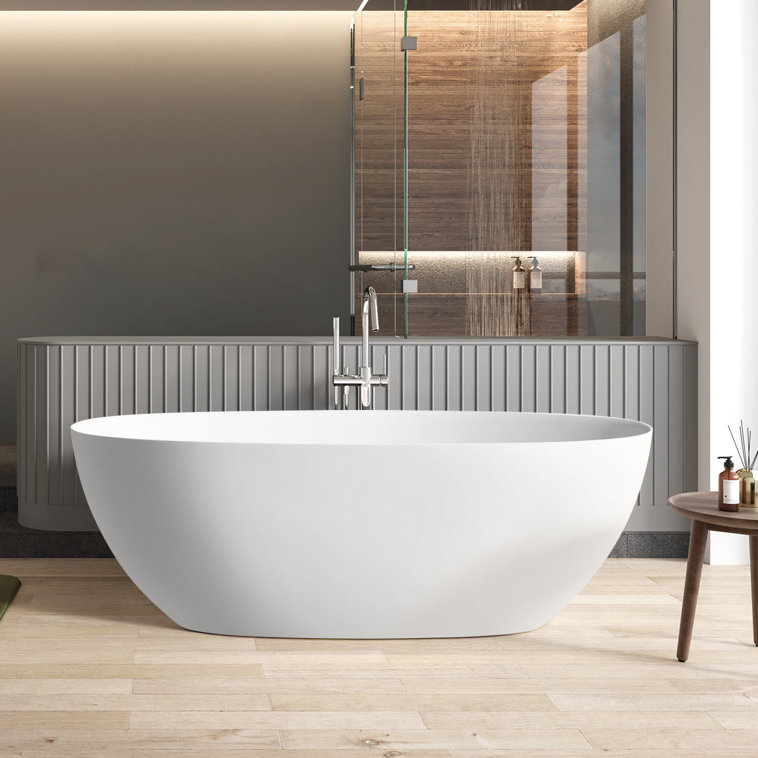 65" Freestanding Solid Surface Soaking Bathtub, White