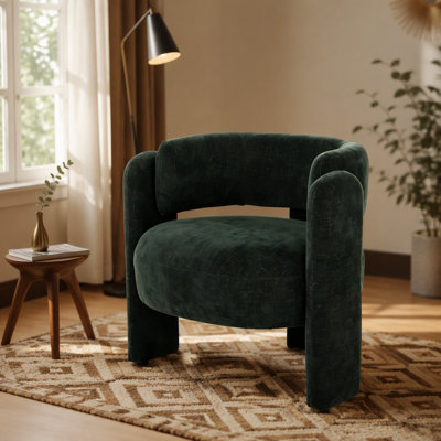 Fauteuil d'appoint moderne à dossier ajouré, en tissu texturé et accoudoirs incurvés, idéal pour une assise élégante et confortable dans n'importe quelle pièce.