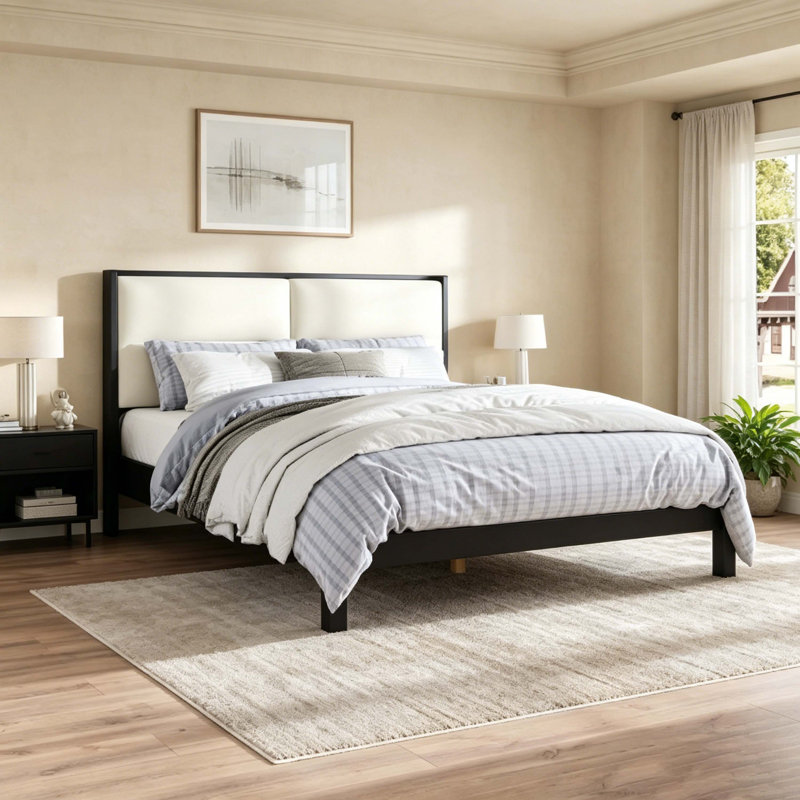 Grand lit plateforme en bois massif avec tête de lit tapissier en velours beige, finition noire, aucun sommier nécessaire, capacité de 600 lb