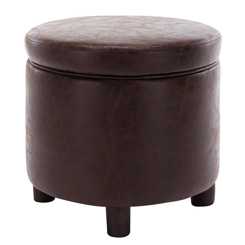 19'' Round Storage Ottoman With Lift-Off Lid, Brown Faux Leather Upholstered Footrest Stool With Storage, Wooden Legs For Living Room, Bedroom, Entryway