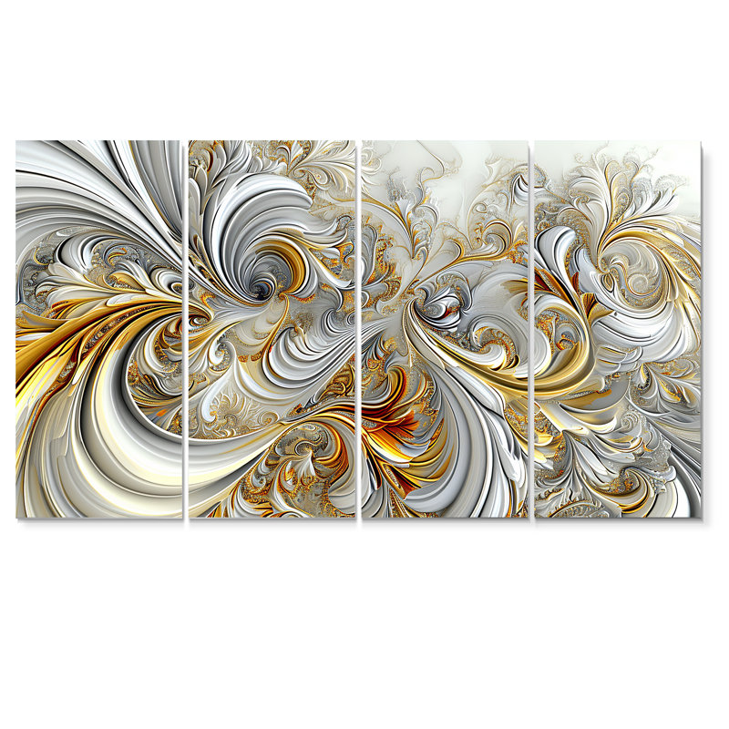 «Whirling River Dynamics Gold and White I - Abstract Spirals», art mural sur toile 4 pièces, H 32 po x l 64 po