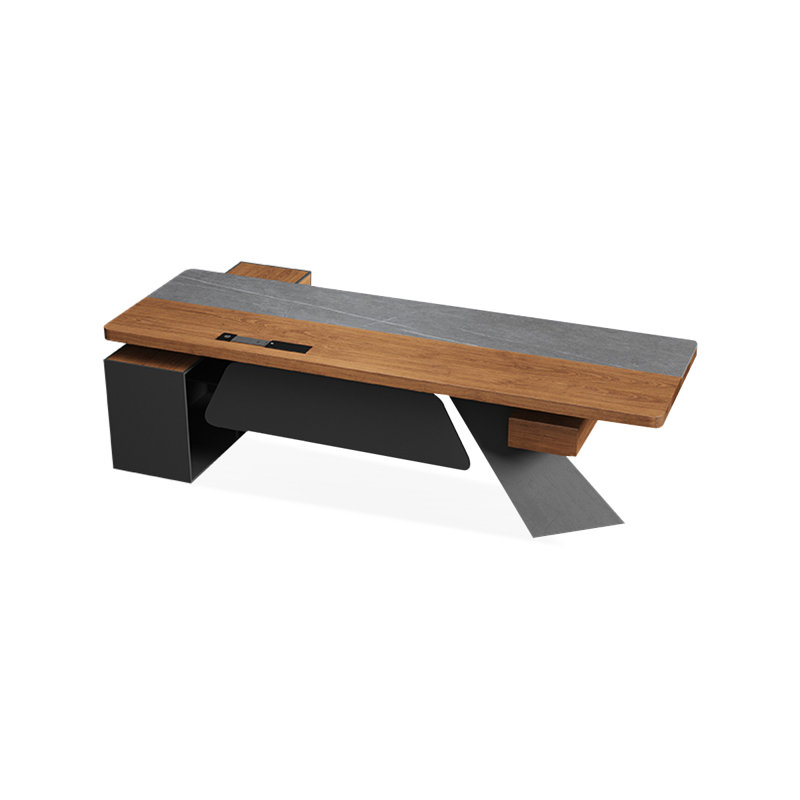 Bureau rectangulaire en bois massif + pierre + fer avec 4 tiroirs, Gris/brun/noir, H 29,53 po x l 78,74 po x P 31,5 po