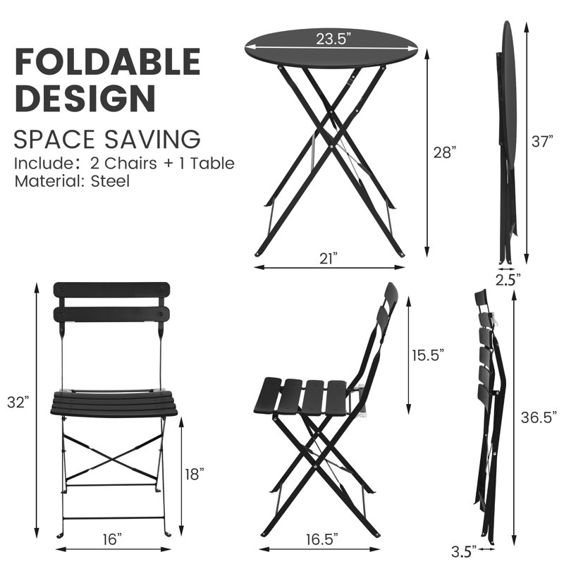 3-Piece Folding Patio Bistro Set – No Assembly, Water-Resistant Metal, Easy Storage , Black