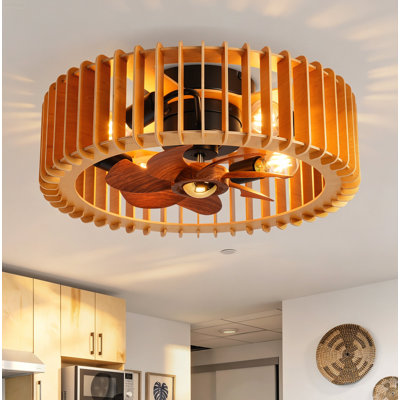 Ventilateur de plafond encastré rustique de 20 po avec lumière, moteur CC réversible à 6 vitesses avec télécommande Rustic Farmhouse, noyer clair