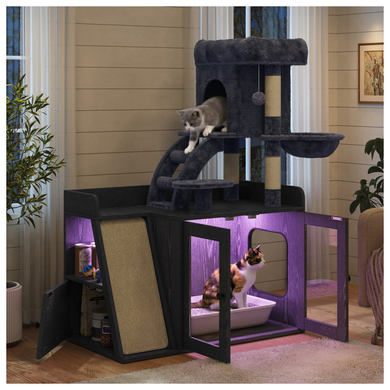 Modular Cat Litter Box Enclosure with Integrated Cat Tree, LED Light, Sisal Scratching Board, and Side Storage Cabinet - Black MDF Furniture