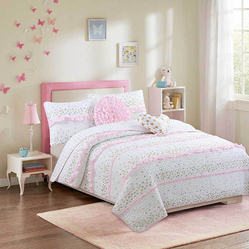 Pink and White Reversible Cotton Twin Quilt Set