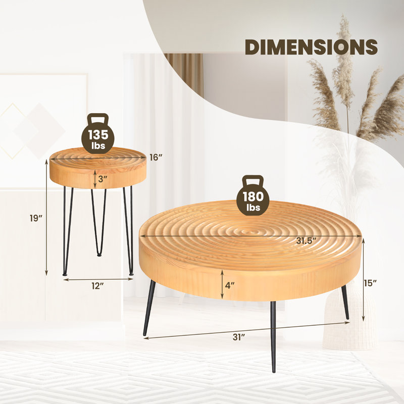 Round Natural Wood and Metal Nesting Coffee Table Set