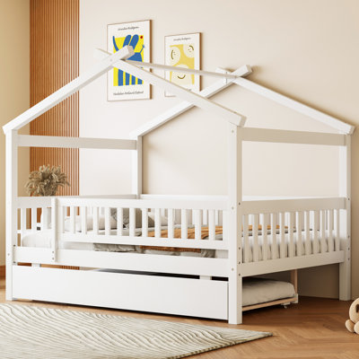 Full Size Wooden House Bed With Twin Size Trundle, White