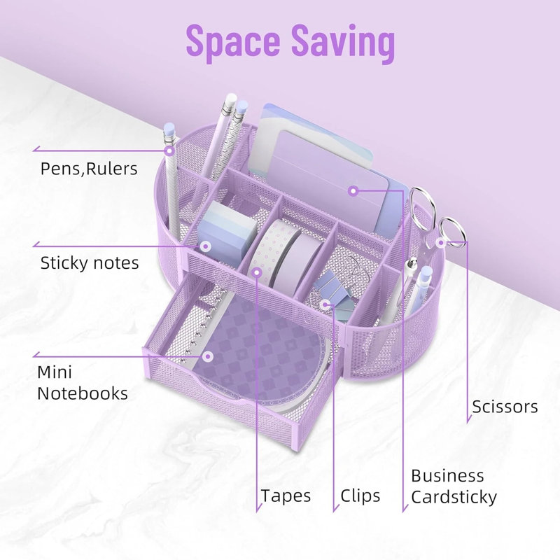 Organisateur de bureau 9 tiroirs en métal avec tiroirs et porte-crayons, Mauve