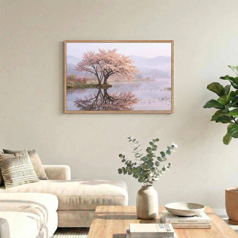 Art mural sur toile de cerisier rose reflété dans un lac brumeux, H 24 po x l 36 po