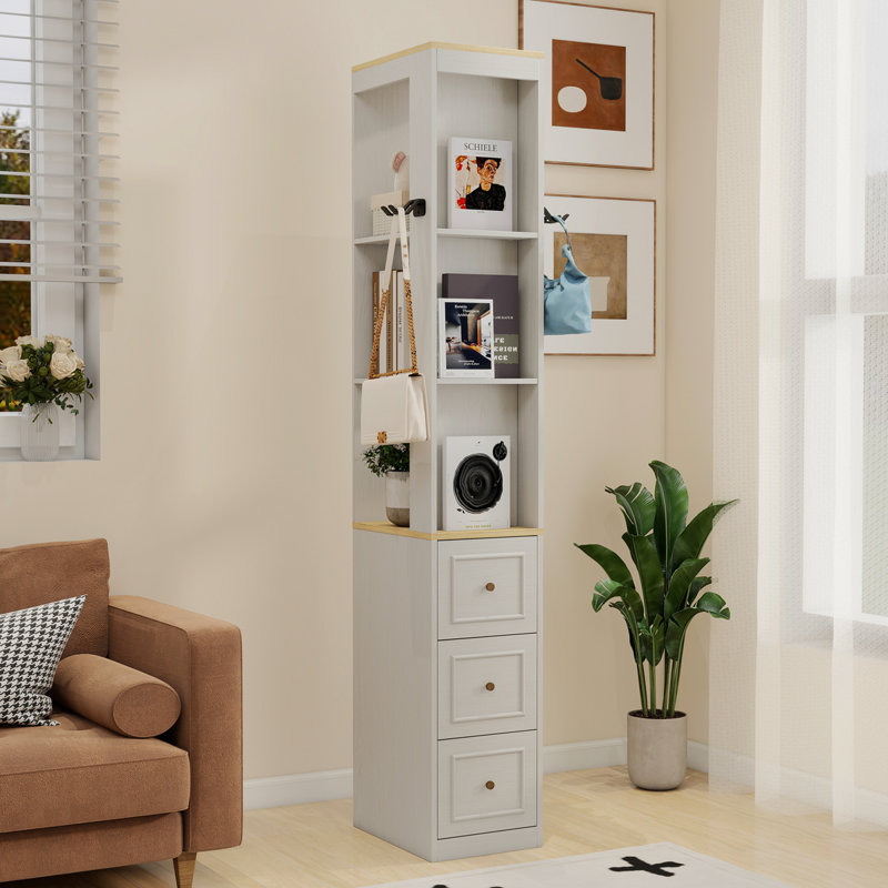 Armoire de rangement mince de 73 po de hauteur, armoire de rangement multimédia à 3 niveaux avec 3 tiroirs et 2 crochets, étagères de rangement pour bibliothèque, CD, DVD, armoire de rangement console de jeu - blanc antique