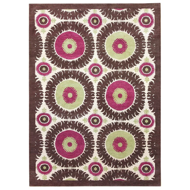 Suzani Wool Ikat Area Rug in Green/Ivory/Chocolate, Rectangle 9' x 12'