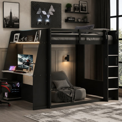 Wooden Gaming Loft Bed with Desk, Shelves, and LED Light