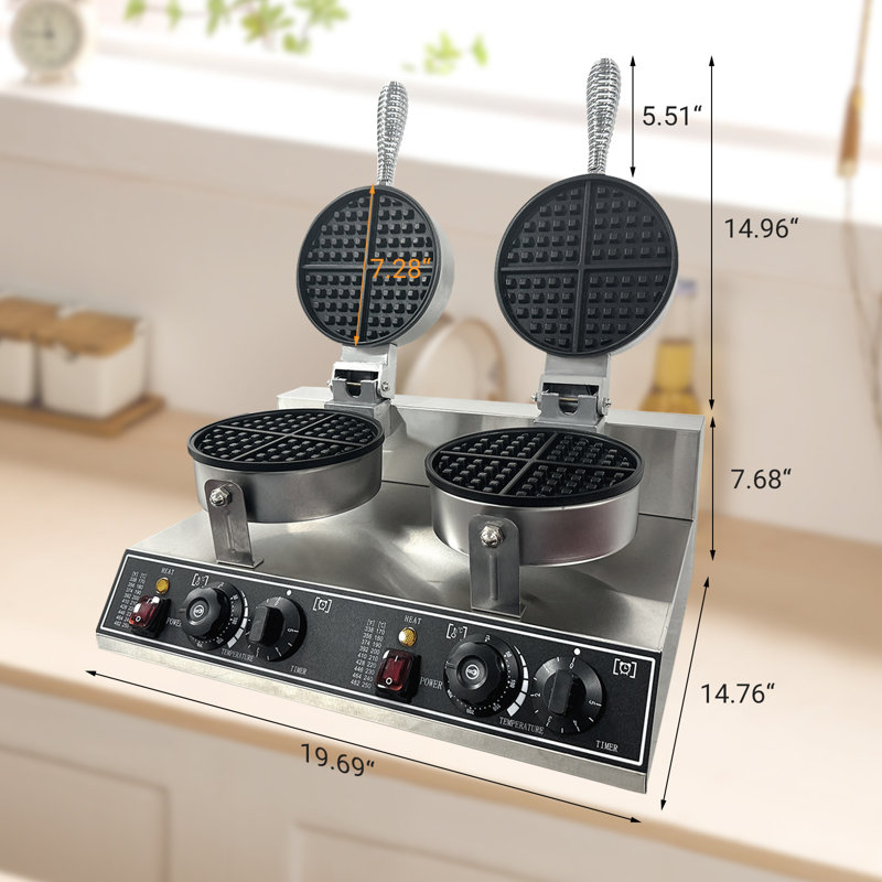 Gaufrier commercial à double tête, gaufrier antiadhésif en acier inoxydable de 2400 W avec plage de température et contrôle de temps de 122 57 à 572 ℉, parfait pour les brasseries de café-restaurant de maison