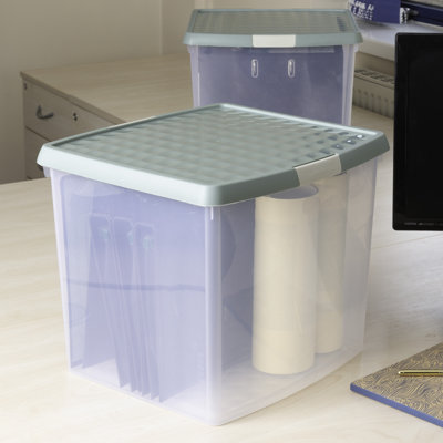 Wham Clip 2x 13.2L Square Plastic Storage Boxes with Secure Clip Lock Lids. L:39.5 x W:39.5 x H:12cm Clear/Green Milieu/Stone