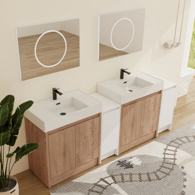 Ensemble de meuble-lavabo double 84 po avec lavabo en résine Quarnar et armoire de rangement blanche
