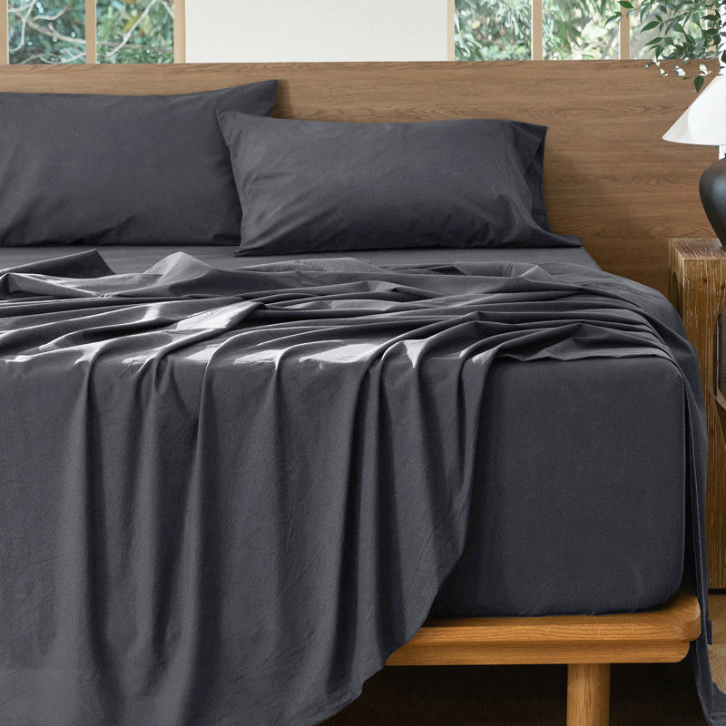 Ensemble de draps MooMee, Ensemble de draps pour très grand lit avec 2 taie, Gris foncé uni