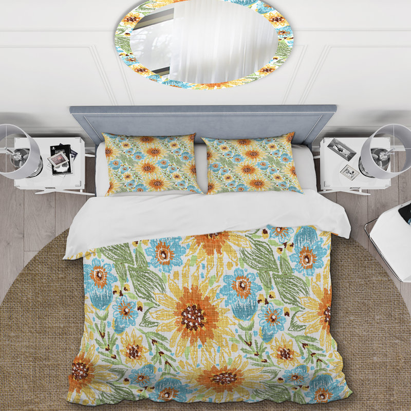 Ensemble de housse de couette jaune tournesol et feuille, Housse de couette pour très grand lit et 2 très