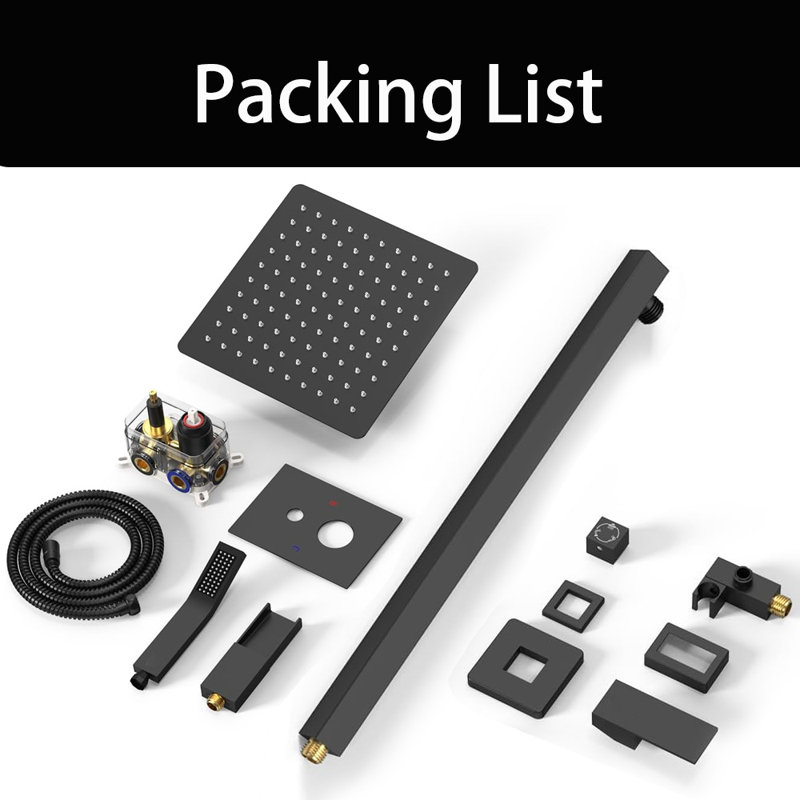12 Inches All Metal Bathtub Faucet Set Shower System With Tub Spout, Modern Valve And Trim Kit, Matte Black