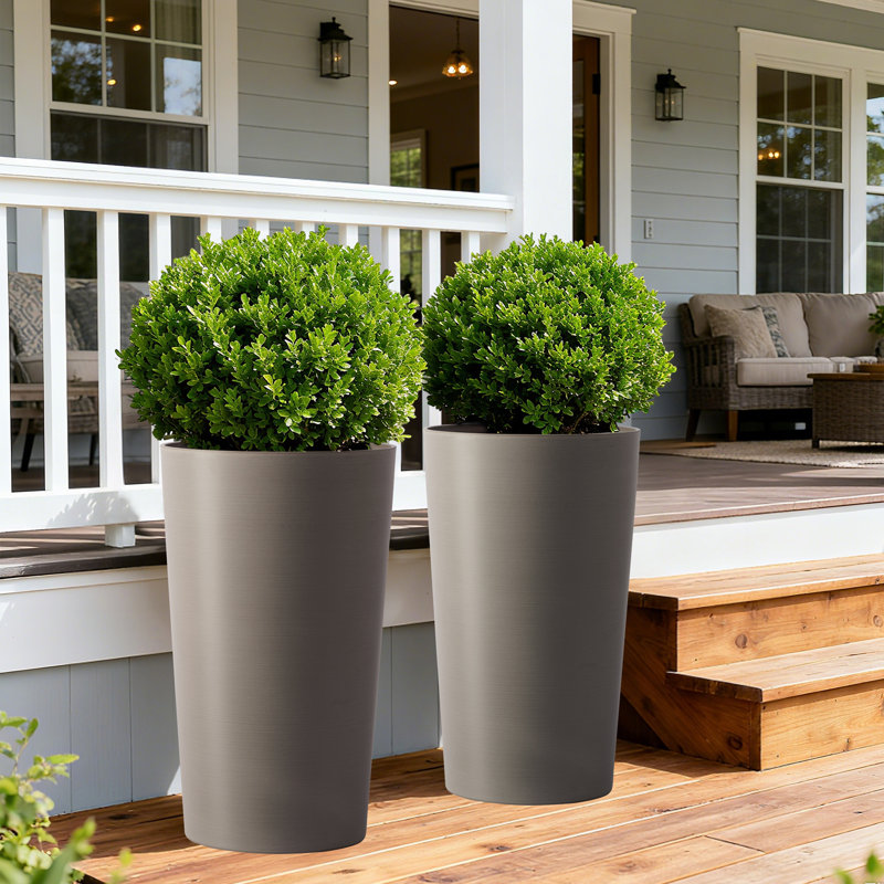2-Pack 21.7 In Modern Tall Square Planter Boxes, Matte Brown/Grey/Black Tapered Flower Pots | Indoor Outdoor Use For Porch, Patio, Garden & Home