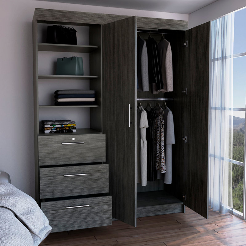 Armoire avec porte double, trois tiroirs, tablette à 3 niveaux et double tringle suspendue en chêne fumé