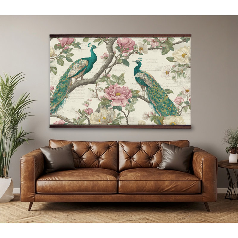 Chinoiserie Canvas Tapestry with Wood Hanger – Vintage Floral Wall Art, Ready to Hang, 32" H x 48" W
