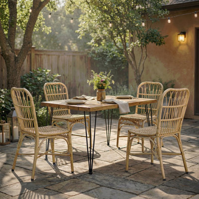 5 Pcs Outdoor Dining Set For 4, Square Table With Acacia Wood Top & Rattan Chairs, 32.5" Modern Furniture Set For Patio, Deck, Backyard, Porch,Teak + Yellow