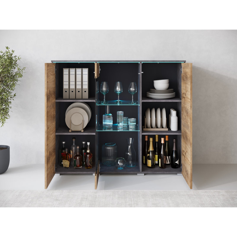 Dejanee Cm, Chest Of Drawers With Glass Panels, With Led Lighting, Kasztanien Breslau/Graphite Matera