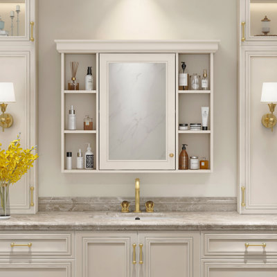 Armoire de rangement murale 35 po x 28 po avec porte miroir, armoire de salle de bain moderne avec miroir, armoire à pharmacie avec 6 tablettes ouvertes