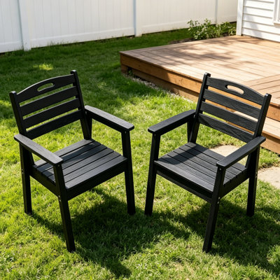 HDPE Outdoor Dining Chair Set With Armrests, Weather-Resistant Patio Dining Chairs For Garden, Deck & Backyard, Low Maintenance Patio Chairs, Black Backrest