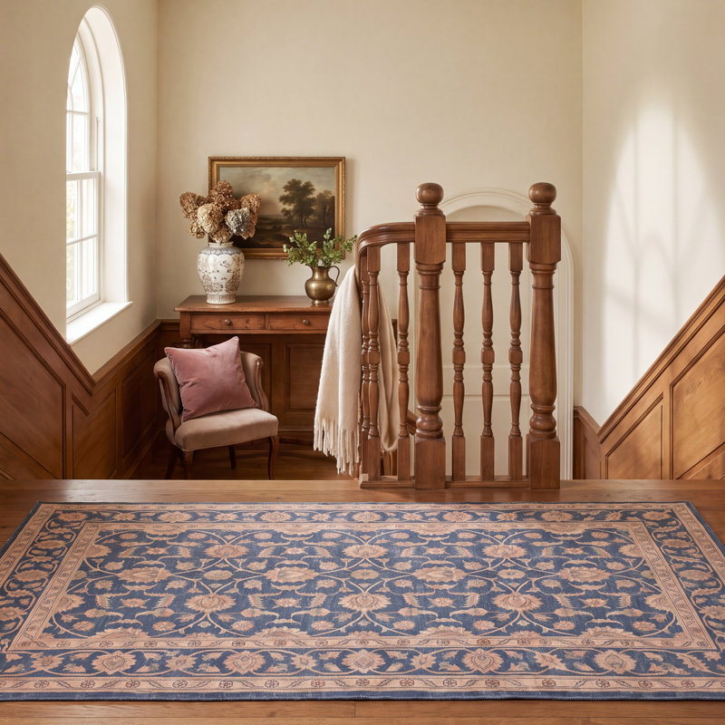 Tapis traditionnel à motif floral intégral Sorrel, couleur marine, ivoire, or, vert et rose, lavable à la machine, antidérapant, à poils courts, idéal pour l'intérieur et l'extérieur, adapté aux animaux domestiques, pour salon, chambre, salle à manger, entrée, couloir, bureau.