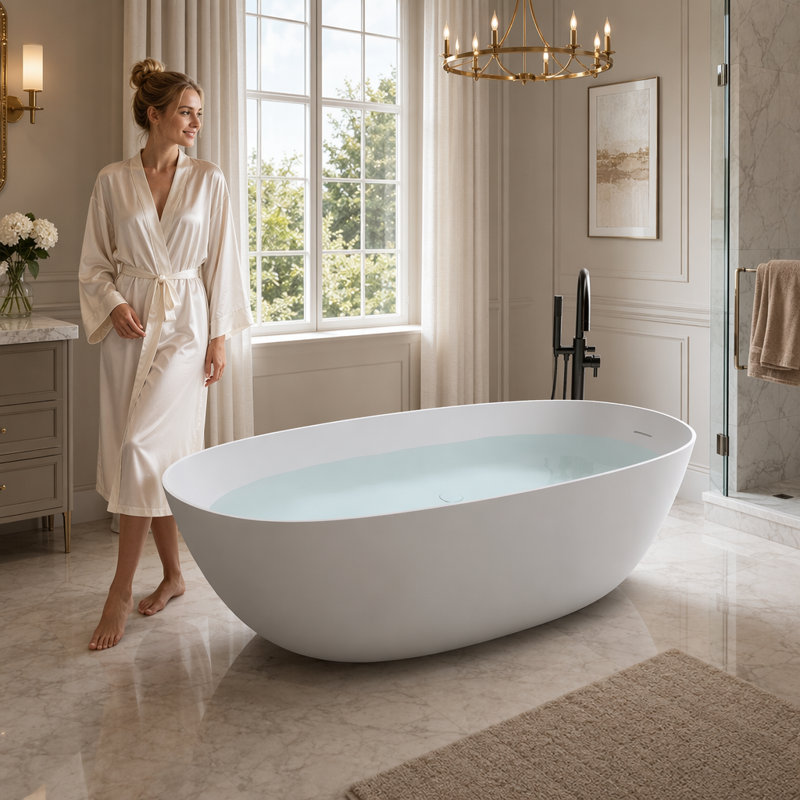 x 30.7'' Freestanding Soaking Solid Surface Bathtub, Blanc à bords minces
