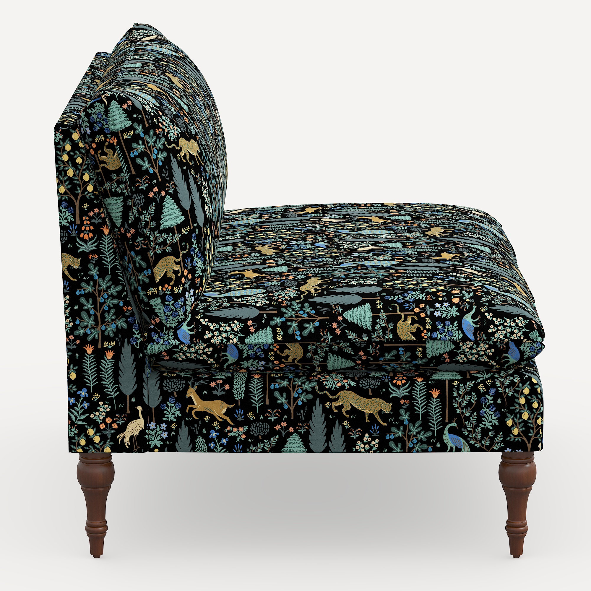 Rifle Paper Co. x Cloth & Company Louie Settee, Black Menagrerie Linen Blend, Espresso Wood