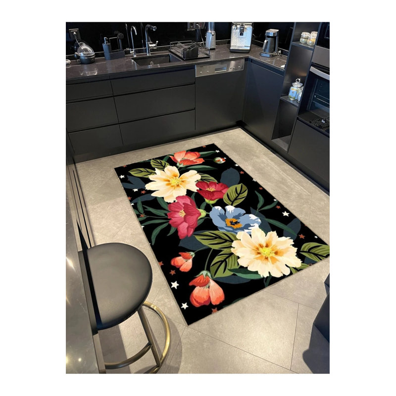 Black Themed Mixed Flowers Rose Patterned Creative Modern Decorative Carpet, Round 4'
