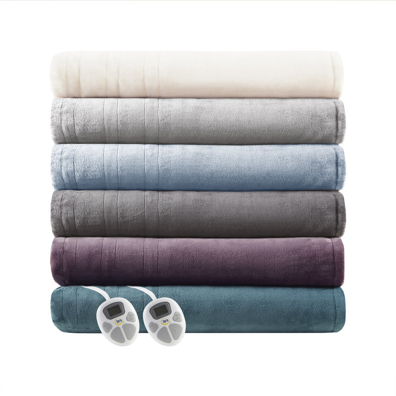 Queen Light Grey Plush Heated Blanket with Controller