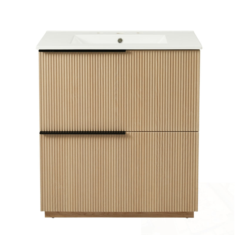 Meuble-lavabo de salle de bain avec lavabo en céramique et 2 tiroirs, Naturel