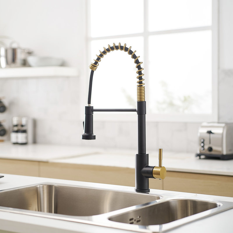 Black And Nickel Gold Kitchen Faucet With Pull Out Sprayer, Single Handle Single Lever Kitchen Sink Faucet, Gold/Black