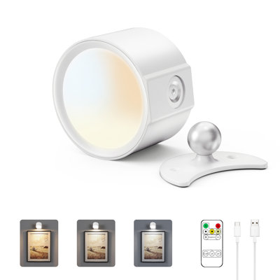 LED Wall Mounted Lights,3CCT with Remote and Touch,USB Rechargeable Wall Sconce Lamp,360° Rotating Dimmable Wireless Wall Lamp,Suitable for Study,and Bedroom,Bedside,Reading White